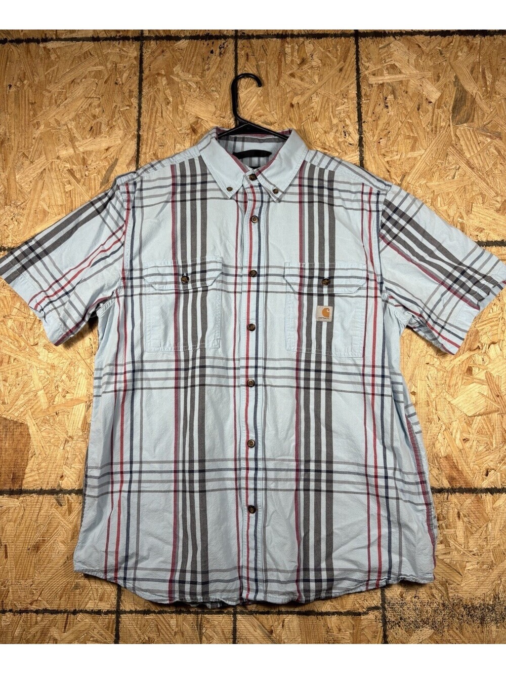 Vintage Carhartt Loose Fit Short Sleeve Work Shirt Denim Blue Size XL Plaid Blue